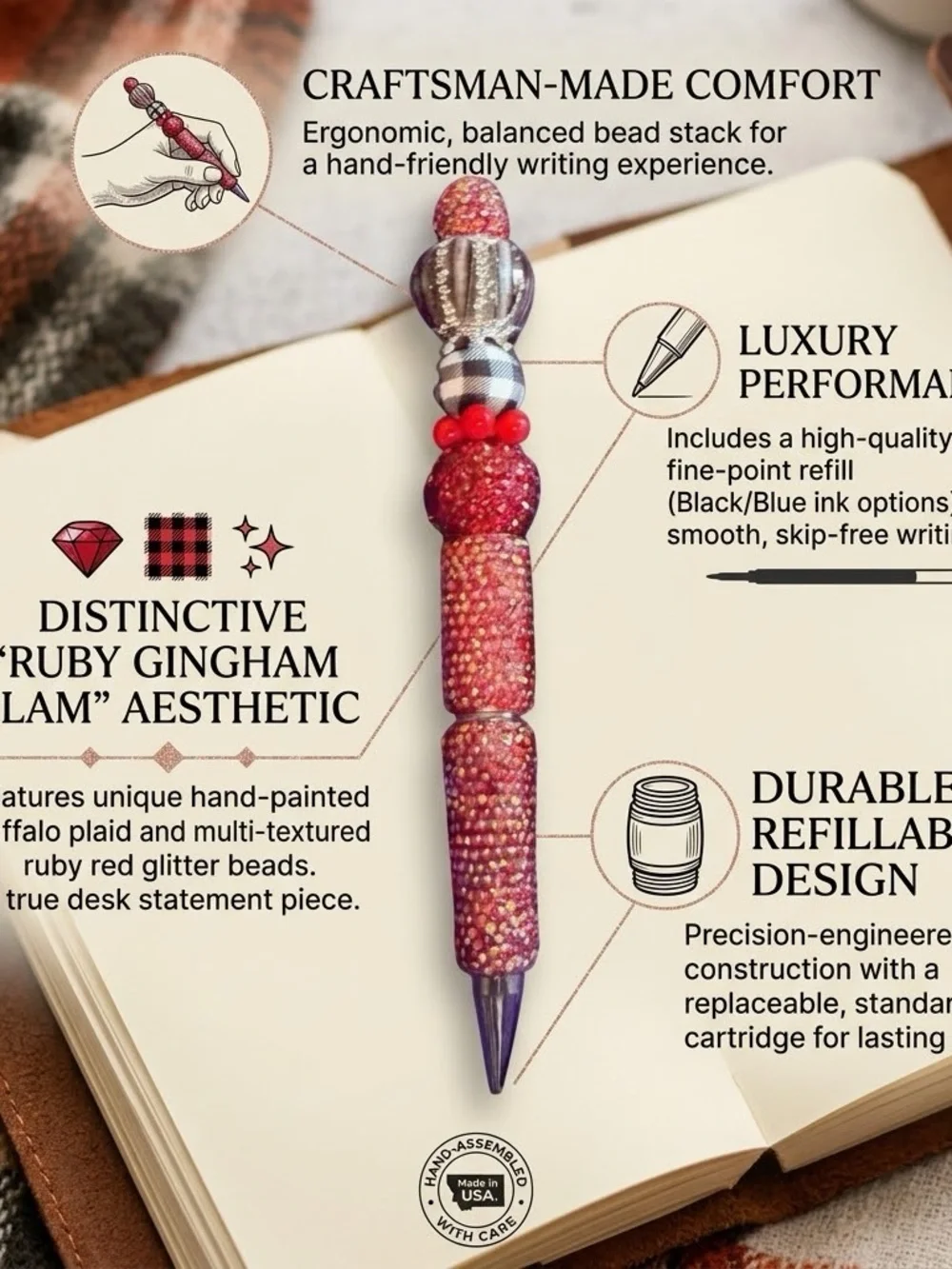 Ruby Gingham Glam Beaded Pen
